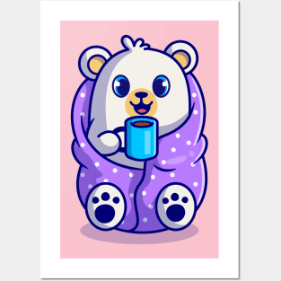 Cute Polar Bear Wearing Blanket And Drink Hot Coffee Cup Cartoon Posters and Art